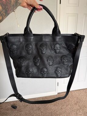 Black Skull-Embossed Leather Crossbody Tote - Women
